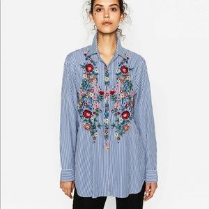 Zara Embroidered Striped Oversized Button Down  S